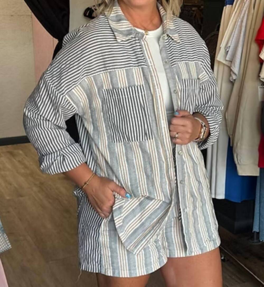 NEW VERY J stripe shirt top and shorts set in taupe